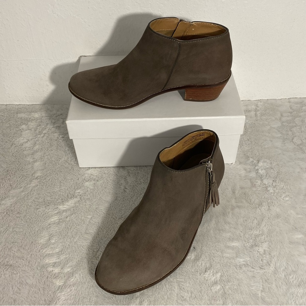 Vionic Taupe Suede Ankle Booties with Tassel Zip